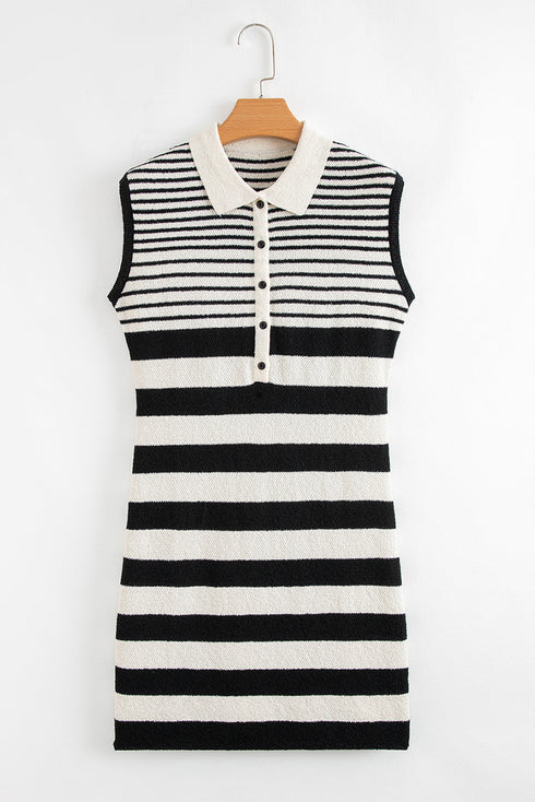 Black Mixed Striped Print Half Placket Collared Cap Sleeve Bodycon Sweater Dress